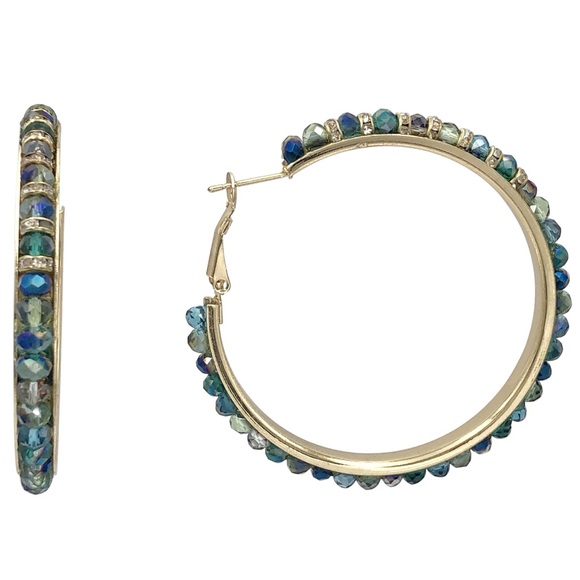 Green & Blue Tones Glass Bead Gold Tone Hoop Earrings - Picture 1 of 3
